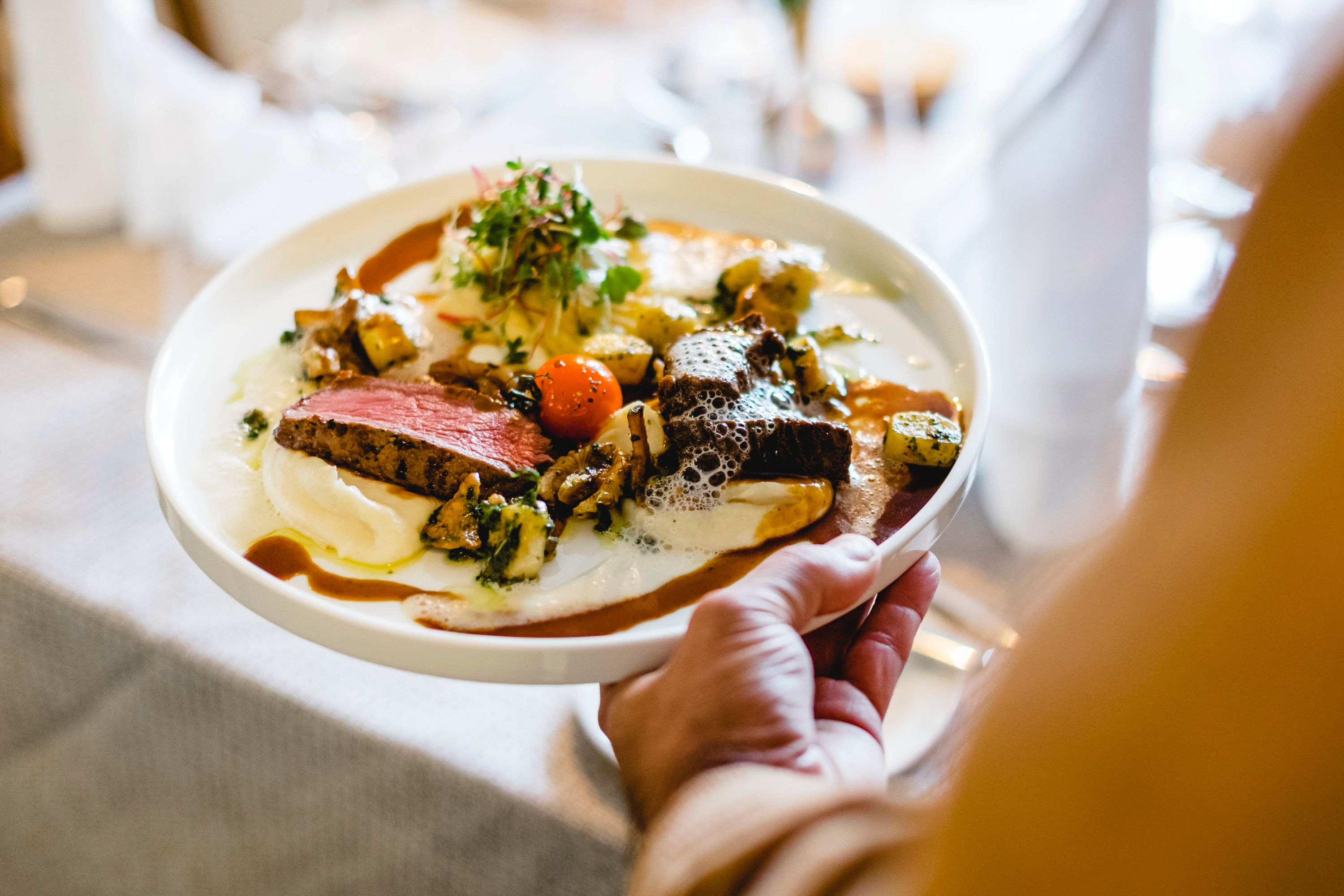 Gourmet dish with venison, cauliflower cream and walnut gnocchi on a plate.