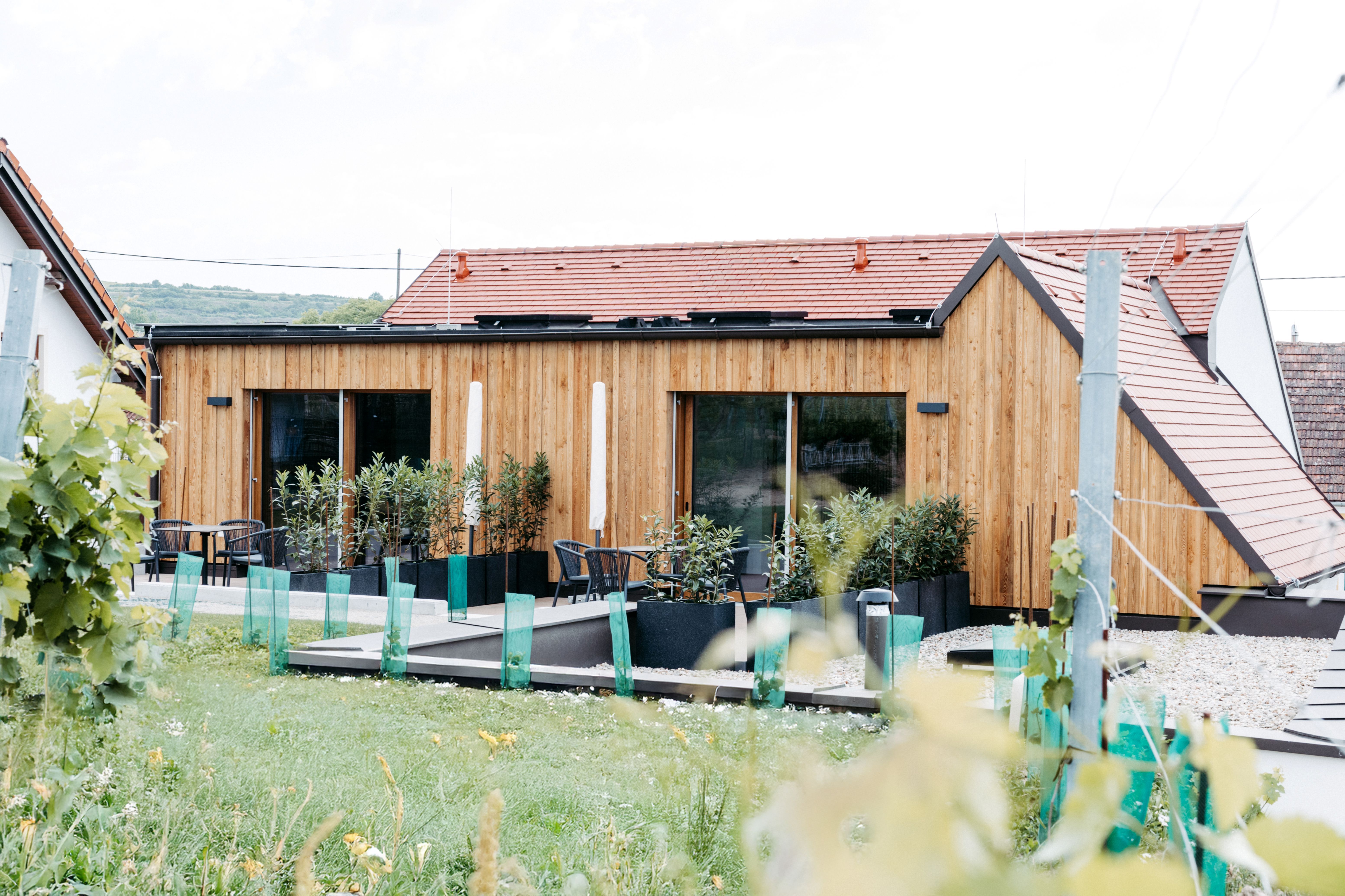 Modern vacation apartments on the Wagram with a terrace, a wood-paneled facade, and views of the surrounding vineyards.