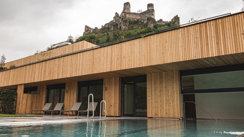 Modern outdoor pool with wooden cladding and castle ruins in the background.