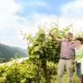 Three people stand in a vineyard and look into the distance.