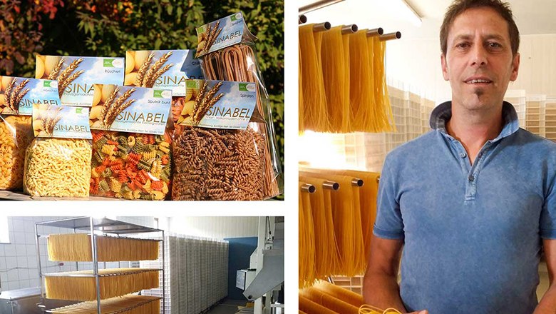 Various pasta products and a smiling man in a pasta production facility.