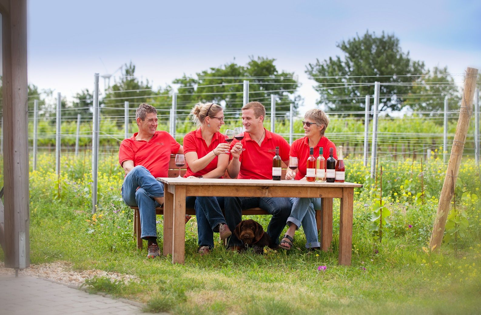 Four people in red shirts sit at an outdoor table with bottles of wine and glasses, surrounded by vines.