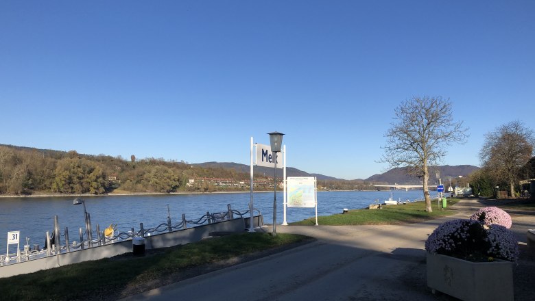 Pier no. 31 in Melk on a sunny day with a view of the Danube and the surrounding countryside.