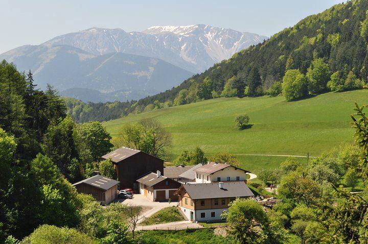 Farm in a green hilly landscape with mountains in the background.