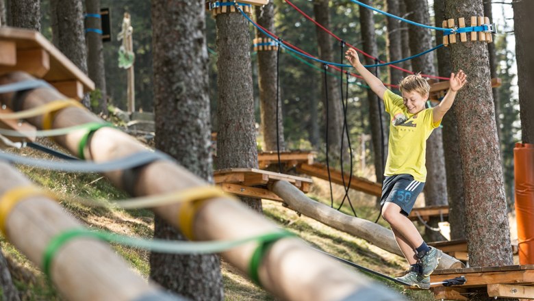 A boy balances on a rope in a forest course.