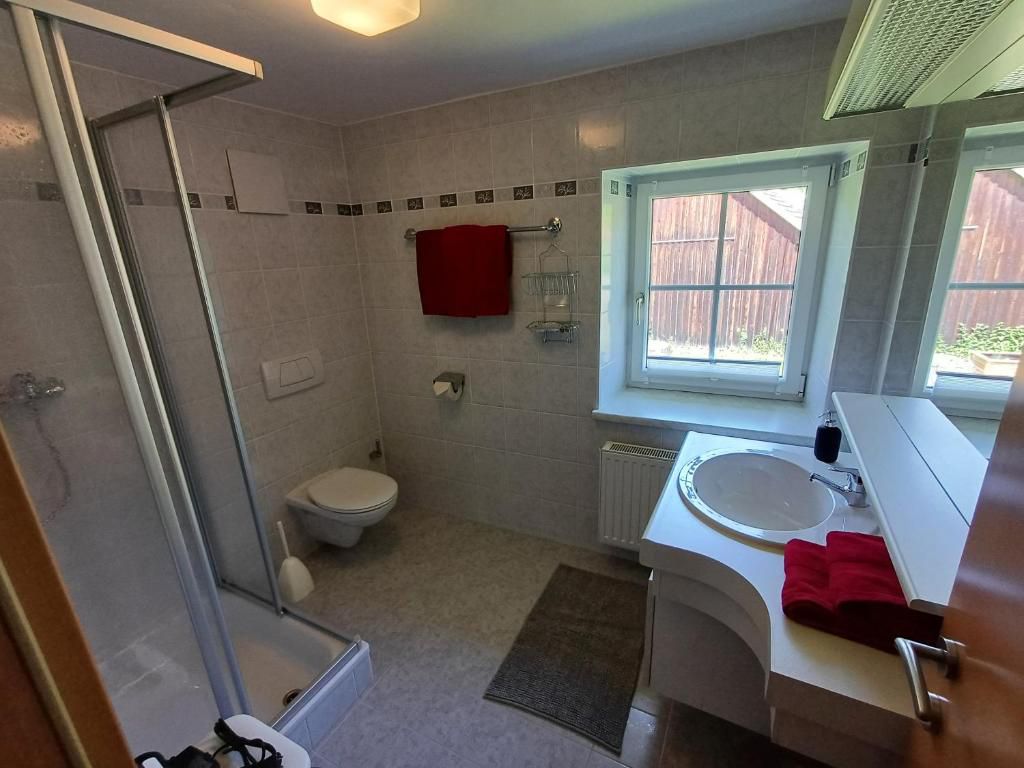 Modern bathroom with shower, WC and washbasin.