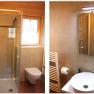 Modern bathroom with shower, WC, washbasin and mirror.
