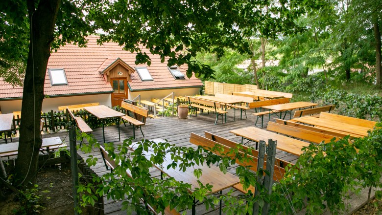 An empty beer garden with wooden benches and tables, surrounded by trees and a building with a red roof in the background.