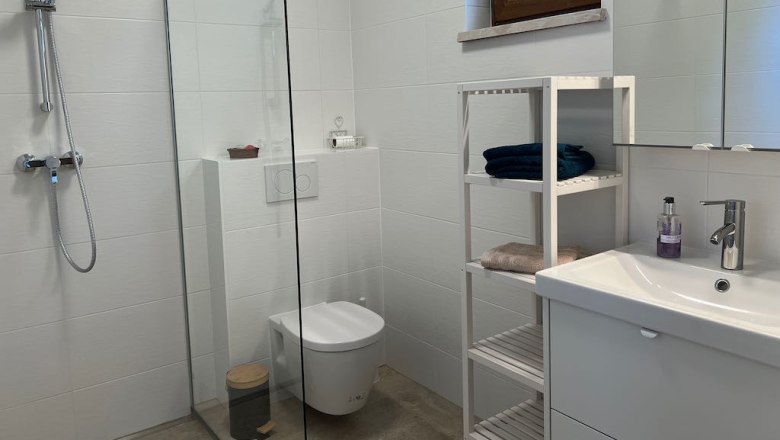 Modern bathroom with shower, washbasin and shelf.