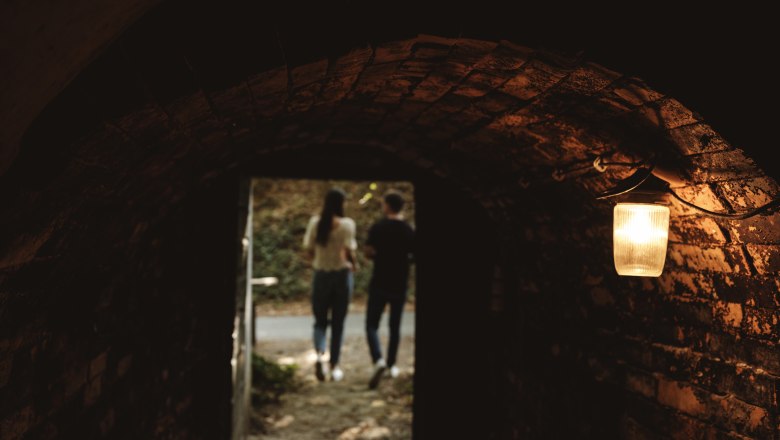 View from a dark cellar vault of two people outdoors, illuminated by a lamp.