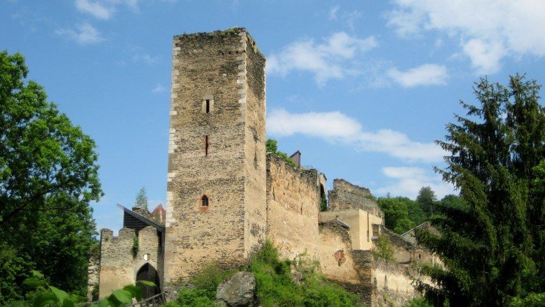 Ruins of Kaja Castle surrounded by trees and under a blue sky.