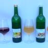 Various bottles and glasses with juices on a white background.