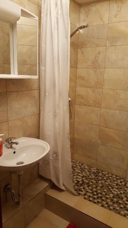 Bathroom with shower area, washbasin and shower curtain.