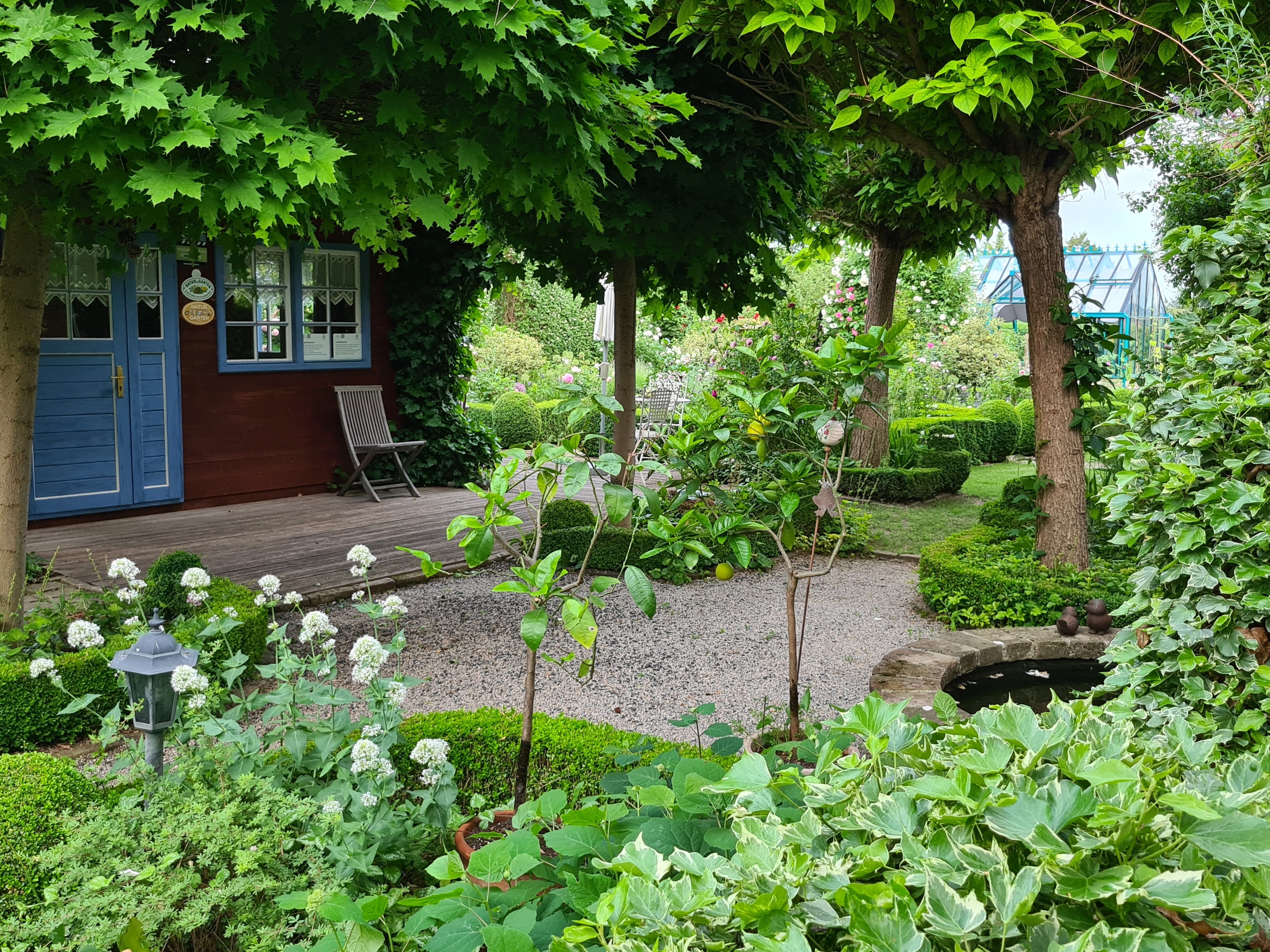 An idyllic garden with a small wooden house, surrounded by trees and plants, with a gravel path and a small pond.