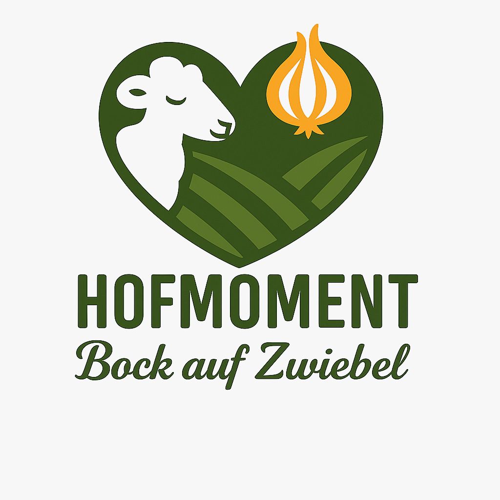 Logo with a sheep and an onion in a green heart, underneath the text 'Hofmoment Bock auf Zwiebel'.