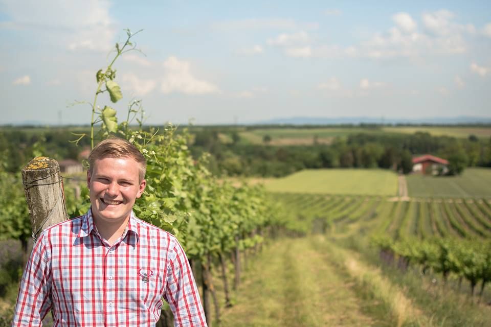A smiling man stands in a vineyard with a sweeping view over the landscape.