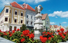 Historic buildings and flowers in Eggenburg, Austria.