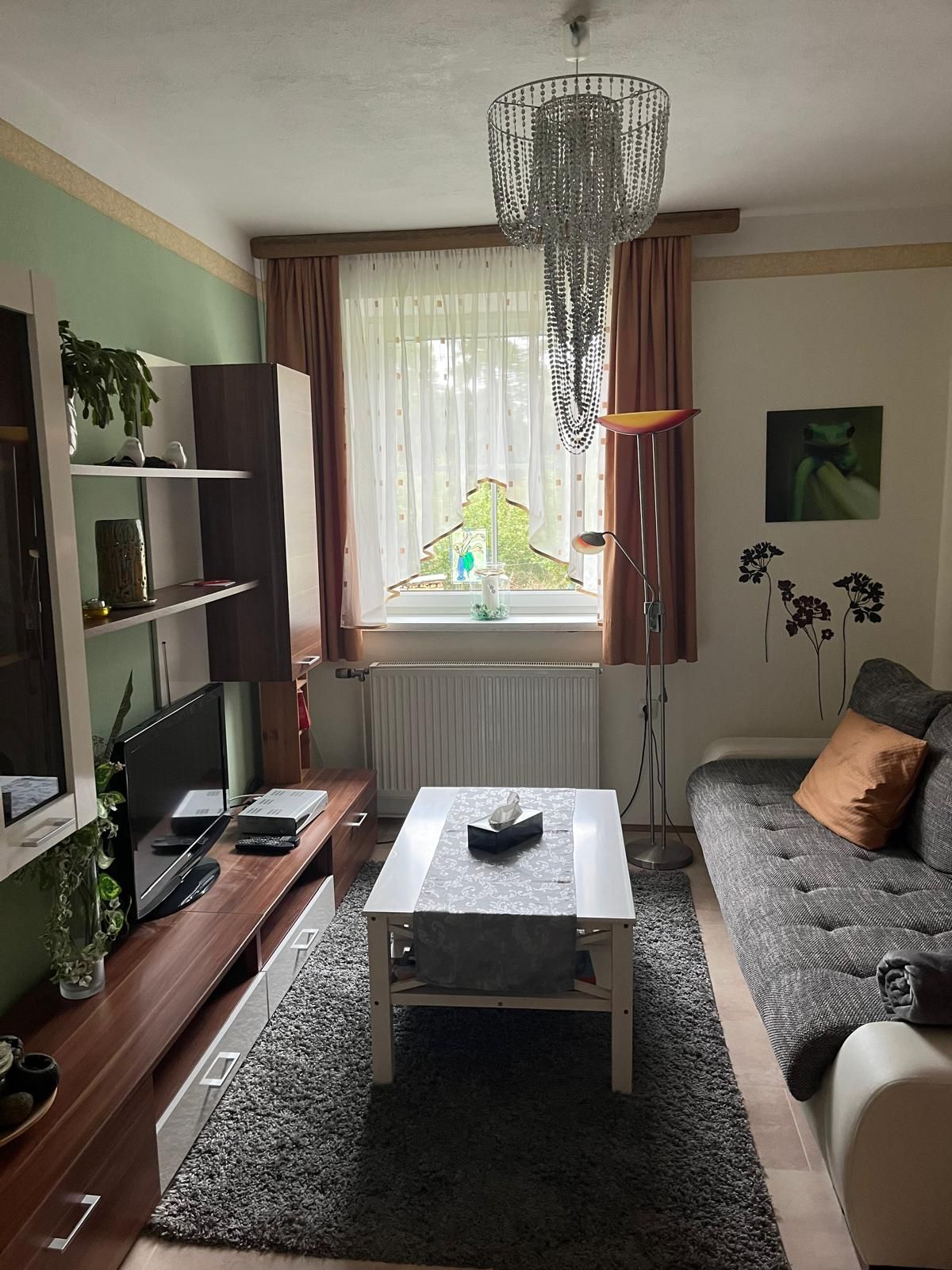 Cozy living room with sofa, coffee table, carpet and TV. A chandelier hangs from the ceiling, plants and decorations are visible.