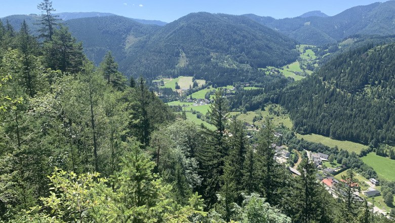 View of wooded mountains and a valley with meadows and houses in the Falkenstein Nature Park.