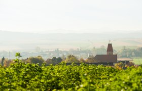 Landscape with church and fields in Perschling.