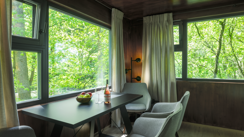 Interior view of a modern tree house with table, chairs and large windows with a view of the greenery.