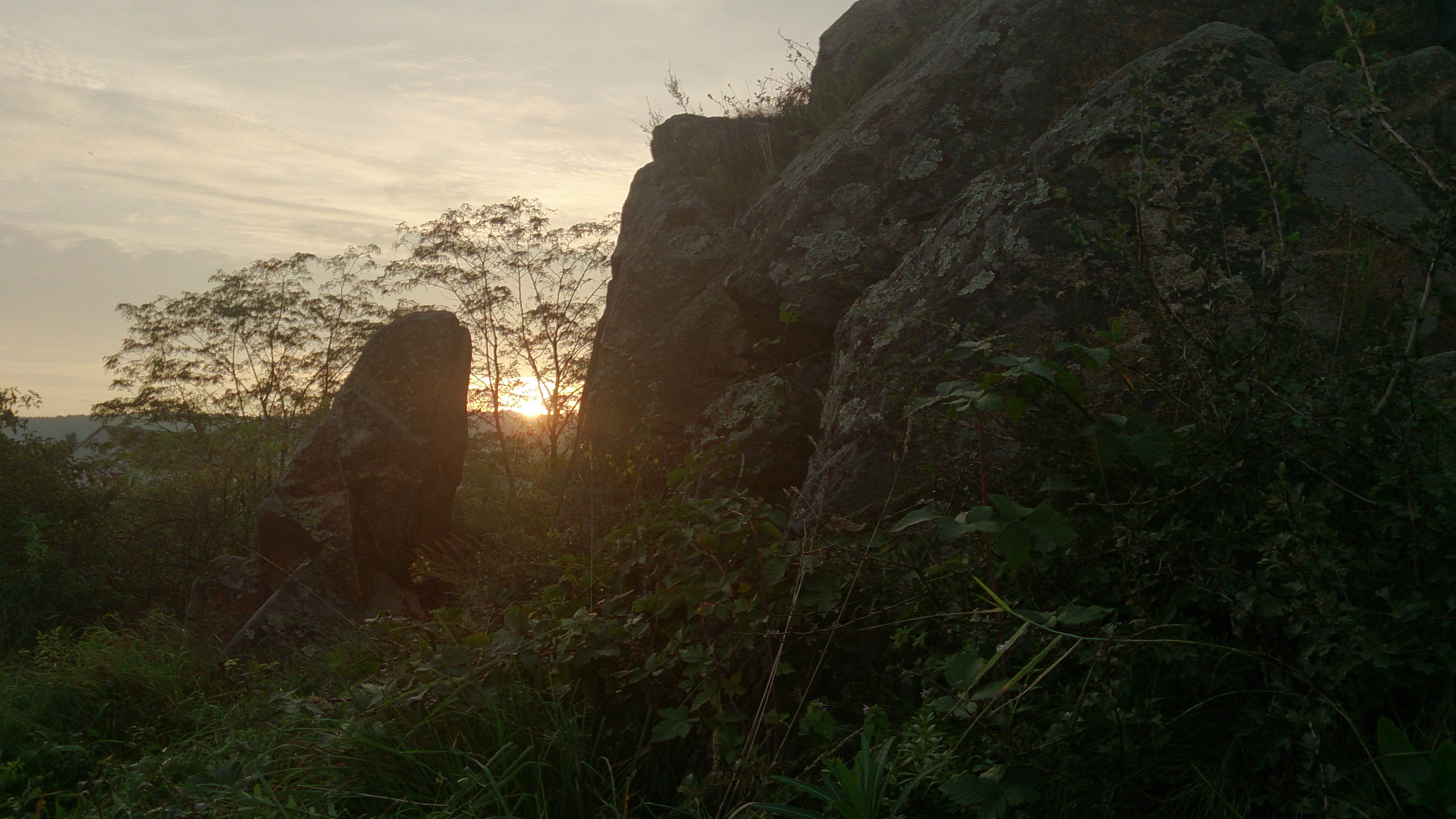 Sunset behind large rocks and trees in a natural setting.