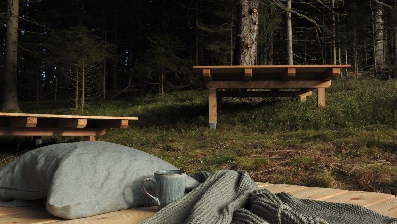 Wooden platform in the forest with cushion, cup and blanket.