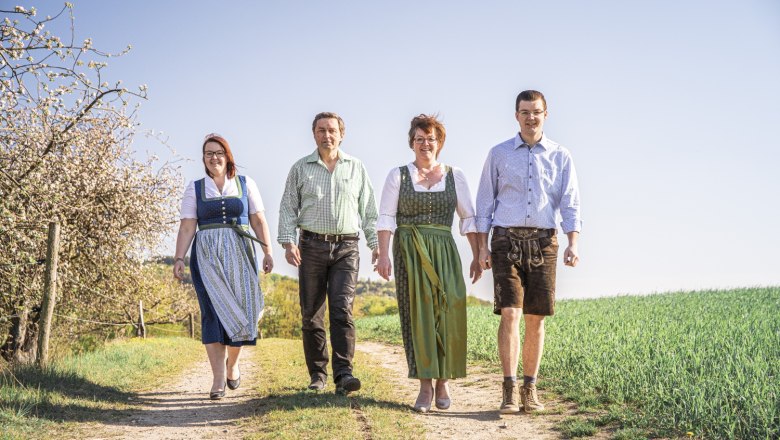 Four people in traditional dress walk along a country lane.