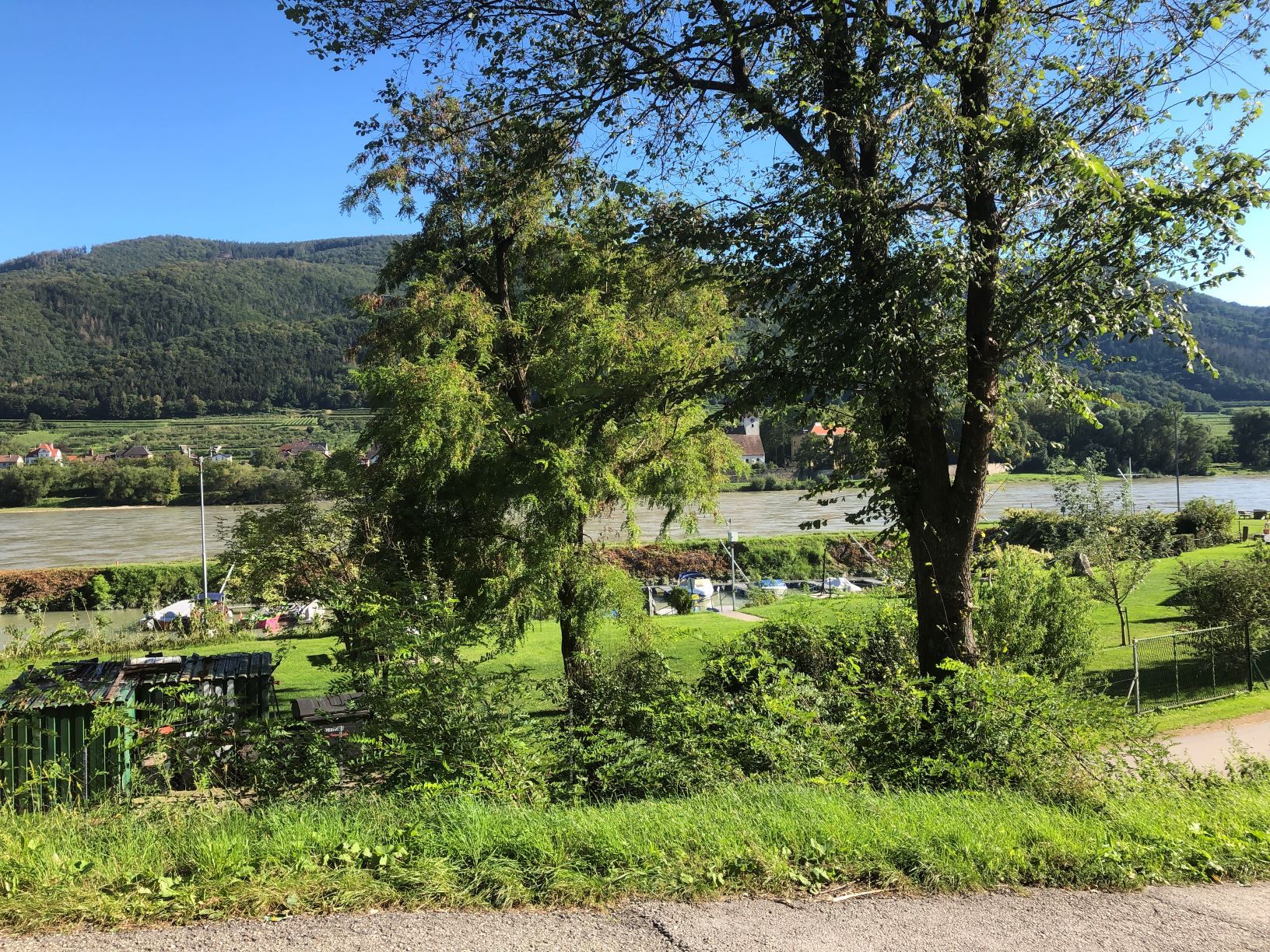 Landscape with the Danube, trees and boats in the background.