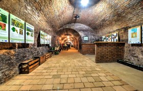 A historic wine cellar with brick vaults and information posters on the walls.