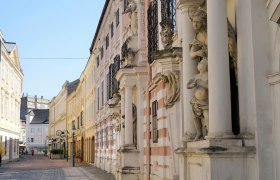 Street with historical buildings and statues in a city.