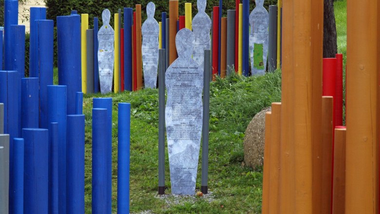 Colorful steles and figures in the Garden of Human Rights.