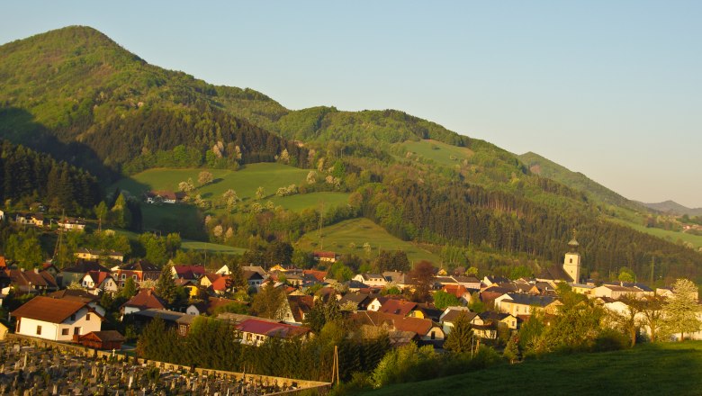 Panorama of St. Veit an der Gölsen with church and mountains in the background.