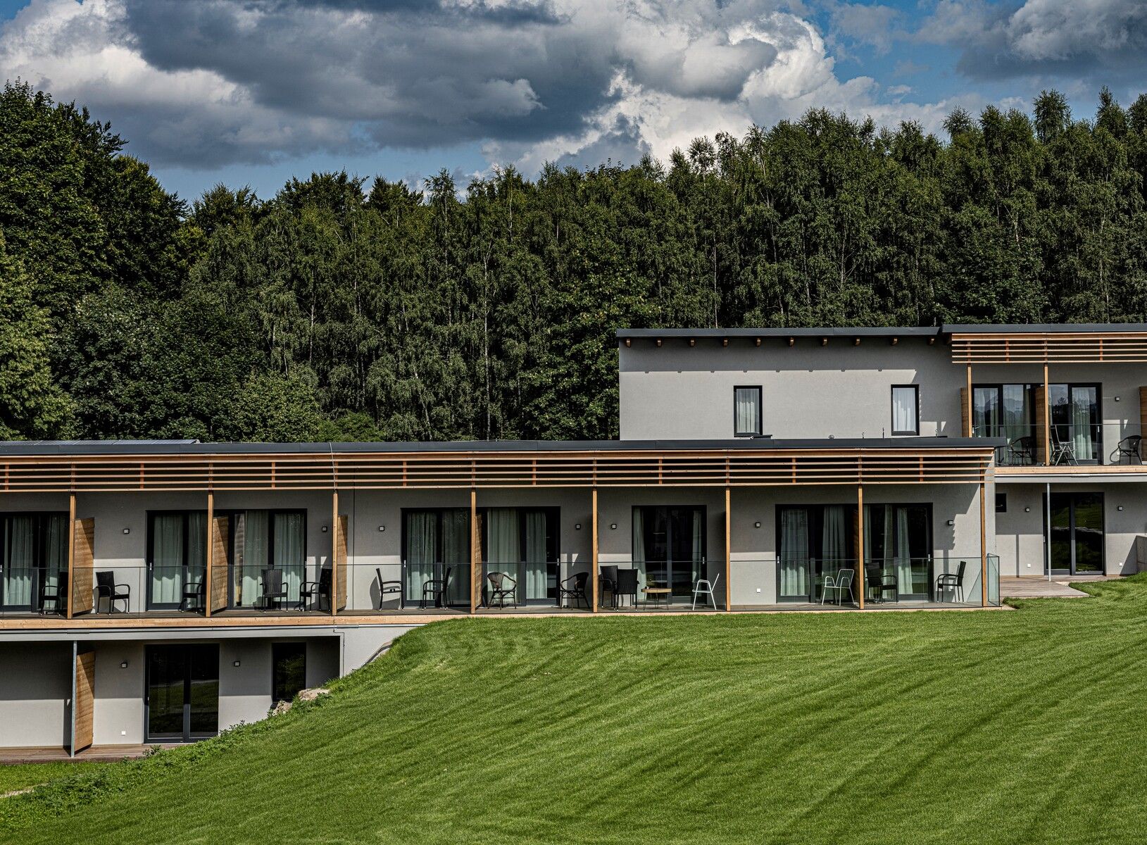 Modern hotel building with terrace in front of a forest.