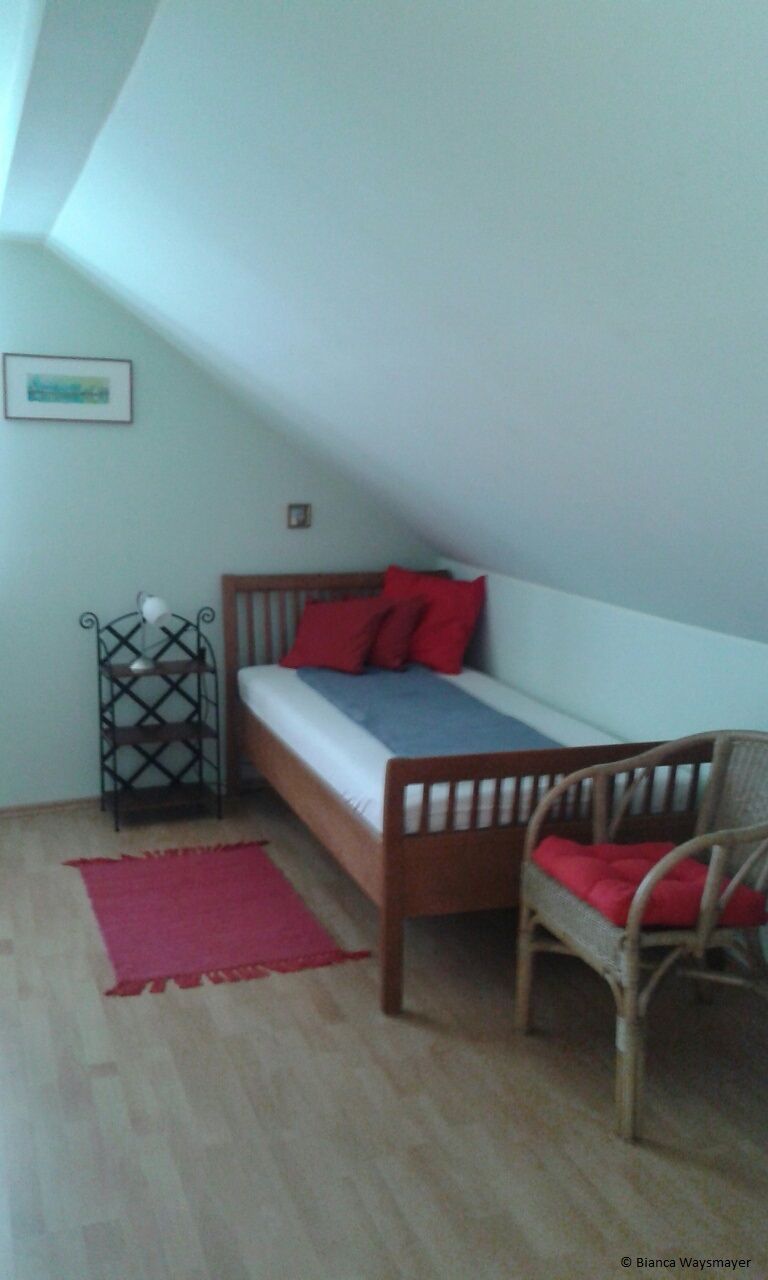 A single bed in a room with a sloping roof, red carpet, rattan chair and shelf.