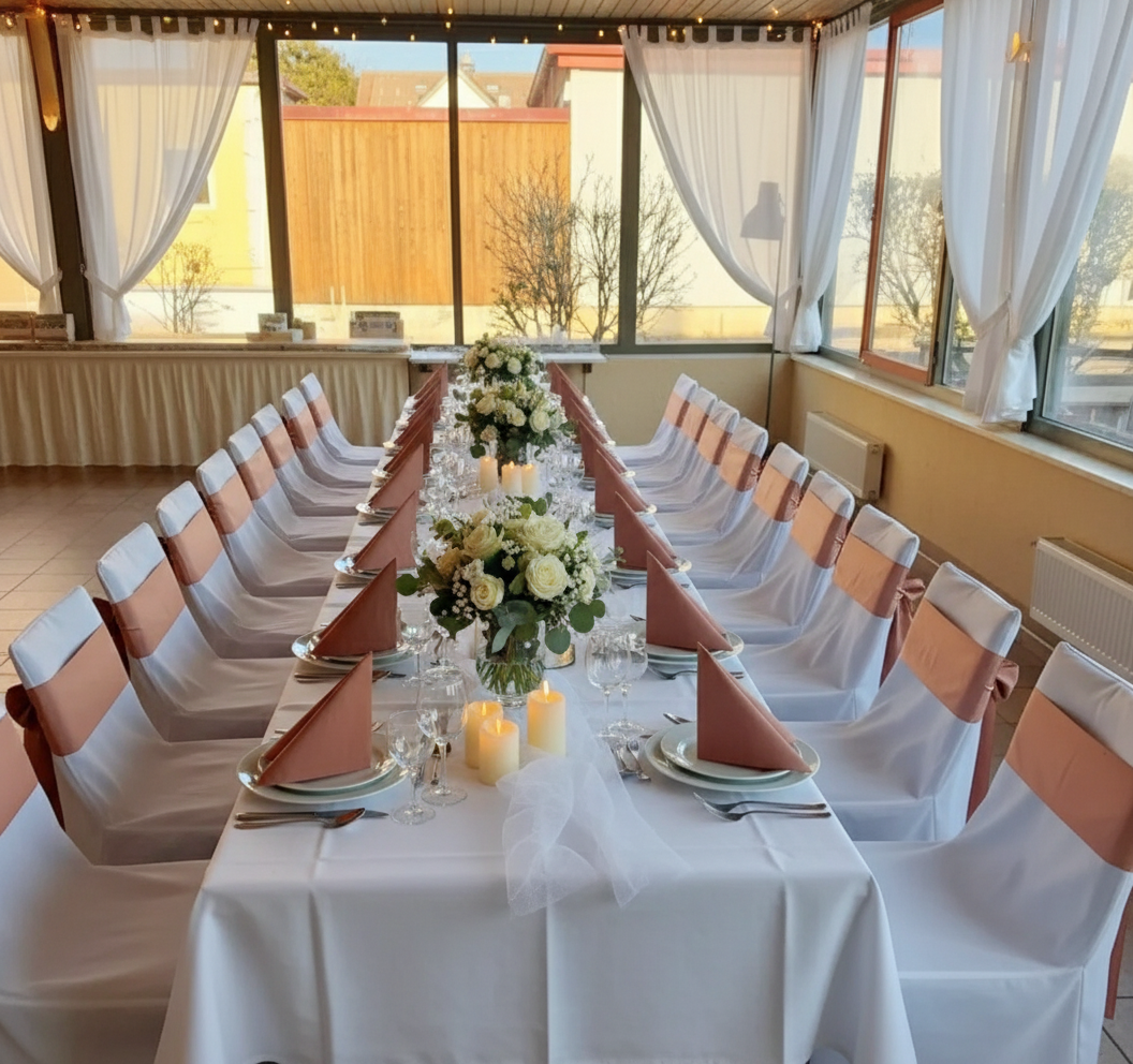 Elegant wedding table with white tablecloths, flower arrangements and candles in a light-flooded room.