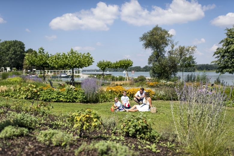 Family having a picnic on a meadow by the Danube with flowers and trees in the background.