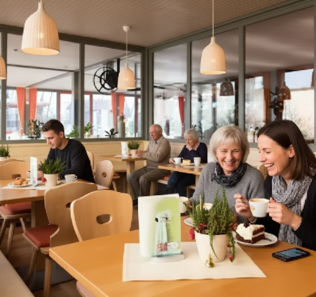 People in a café drinking coffee and eating cake.