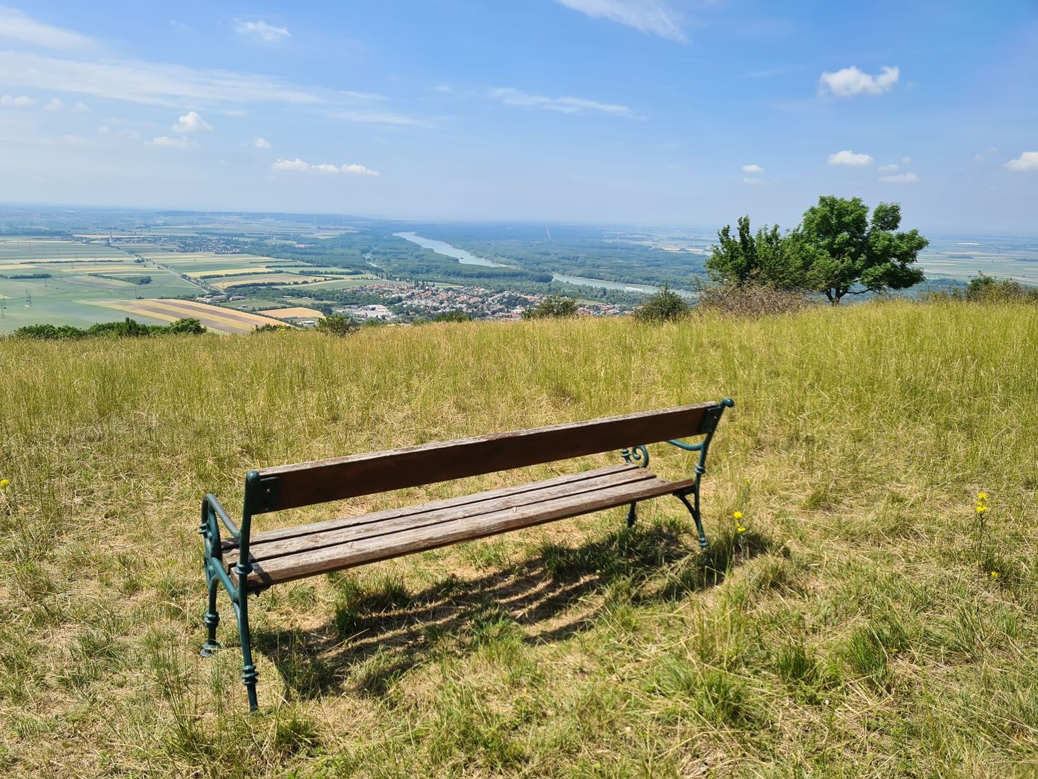 A wooden bench on a meadow with a view of a vast landscape and a river in the distance.