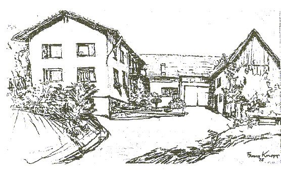 Sketch of a farm with several buildings and an inner courtyard.