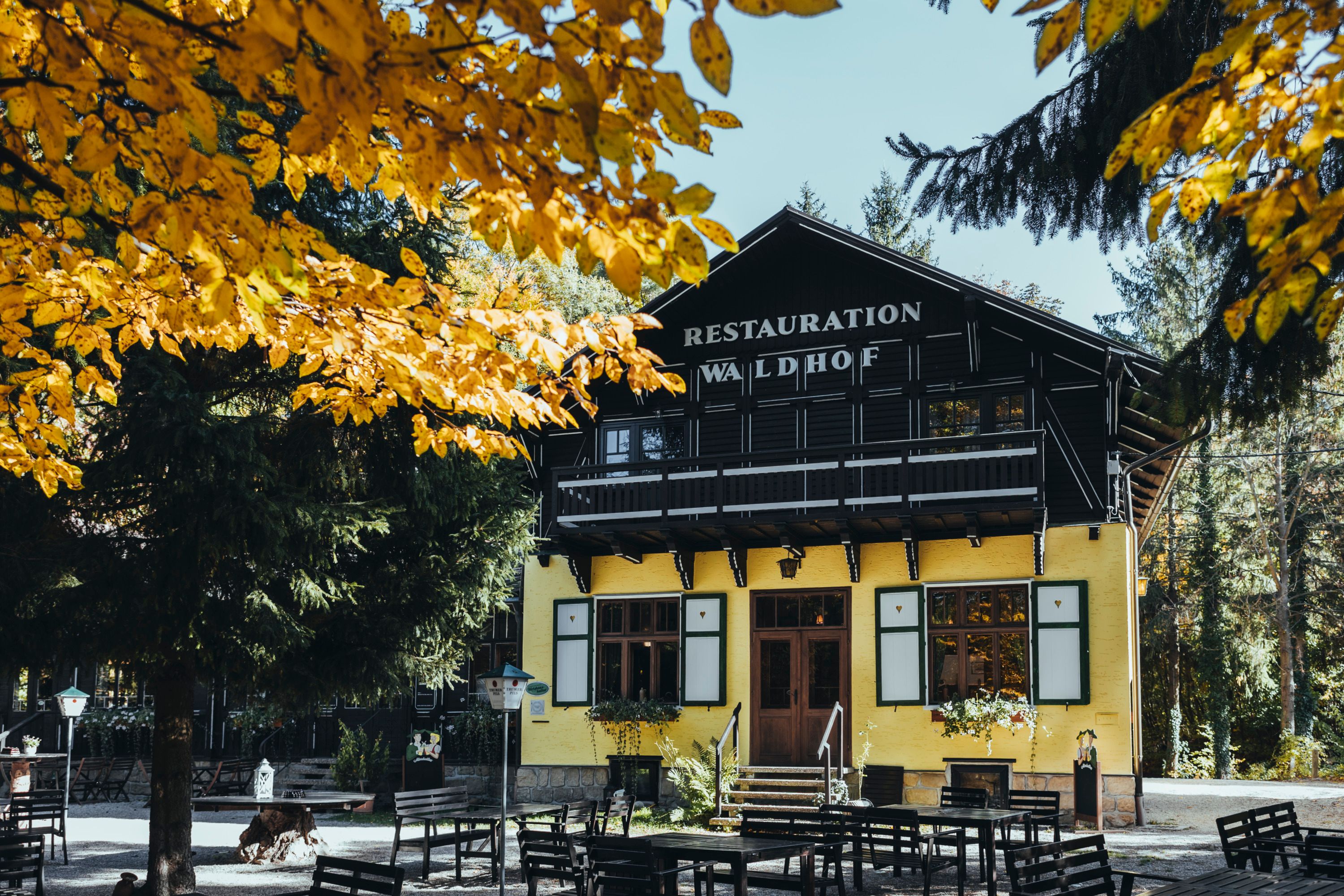 A yellow building with the sign 'Restauration Waldhof' surrounded by trees and a large garden with tables and benches.