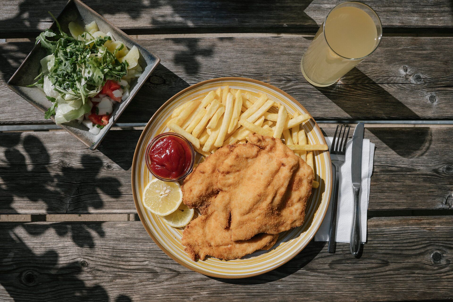 Schnitzel with French fries, salad, and a drink on a wooden table at the Damböckhaus on Schneeberg