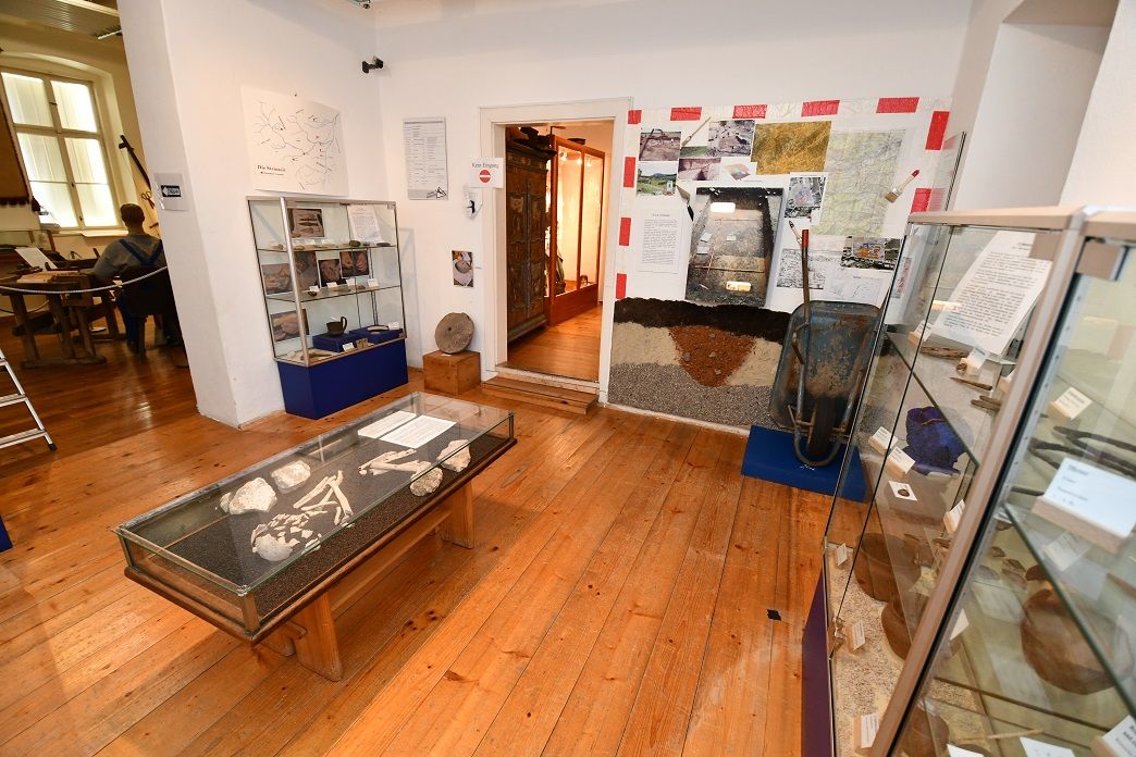 Interior view of a museum with display cases and exhibits