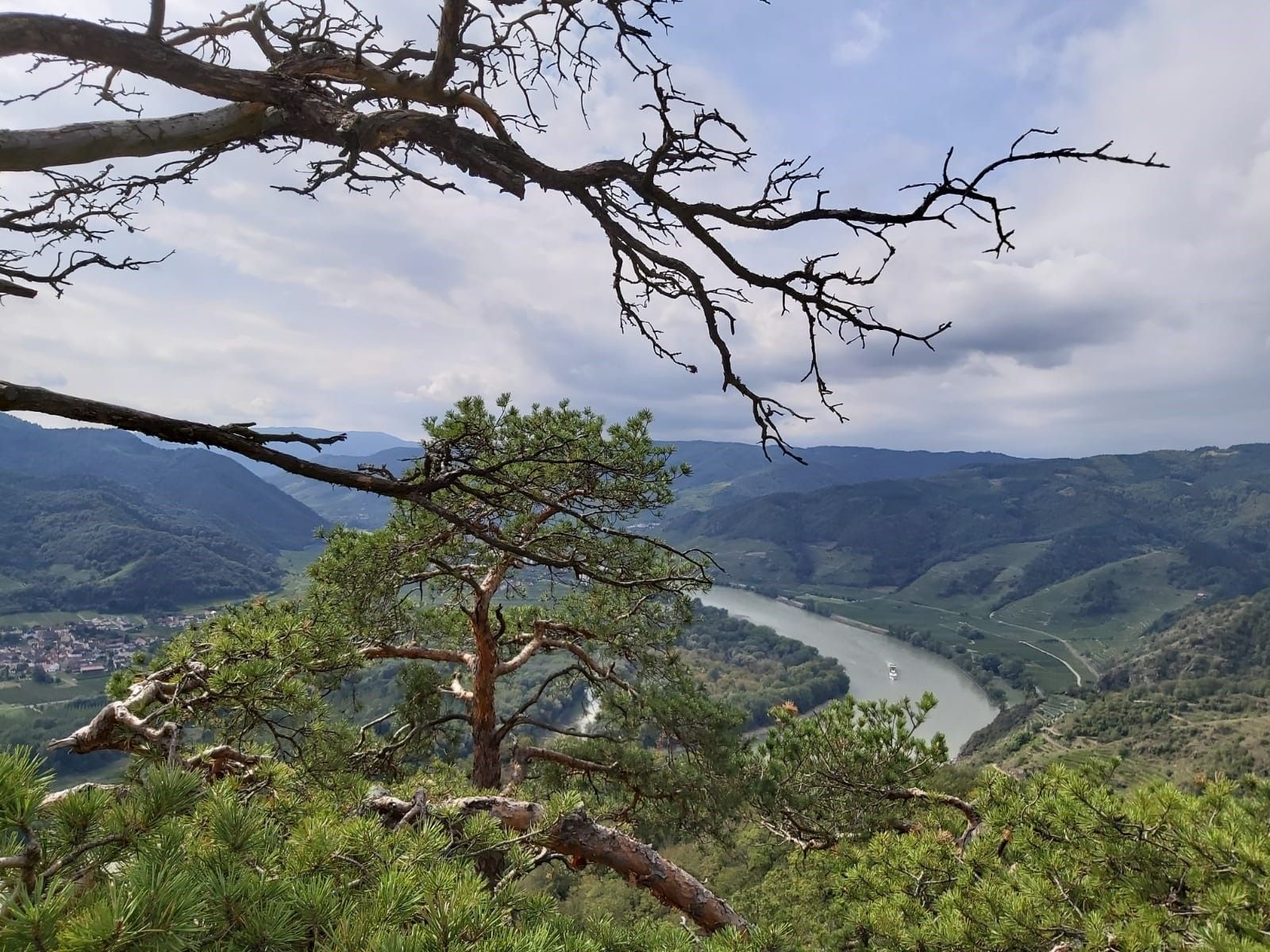 View of a river from a hill, surrounded by green hills and trees in the foreground.