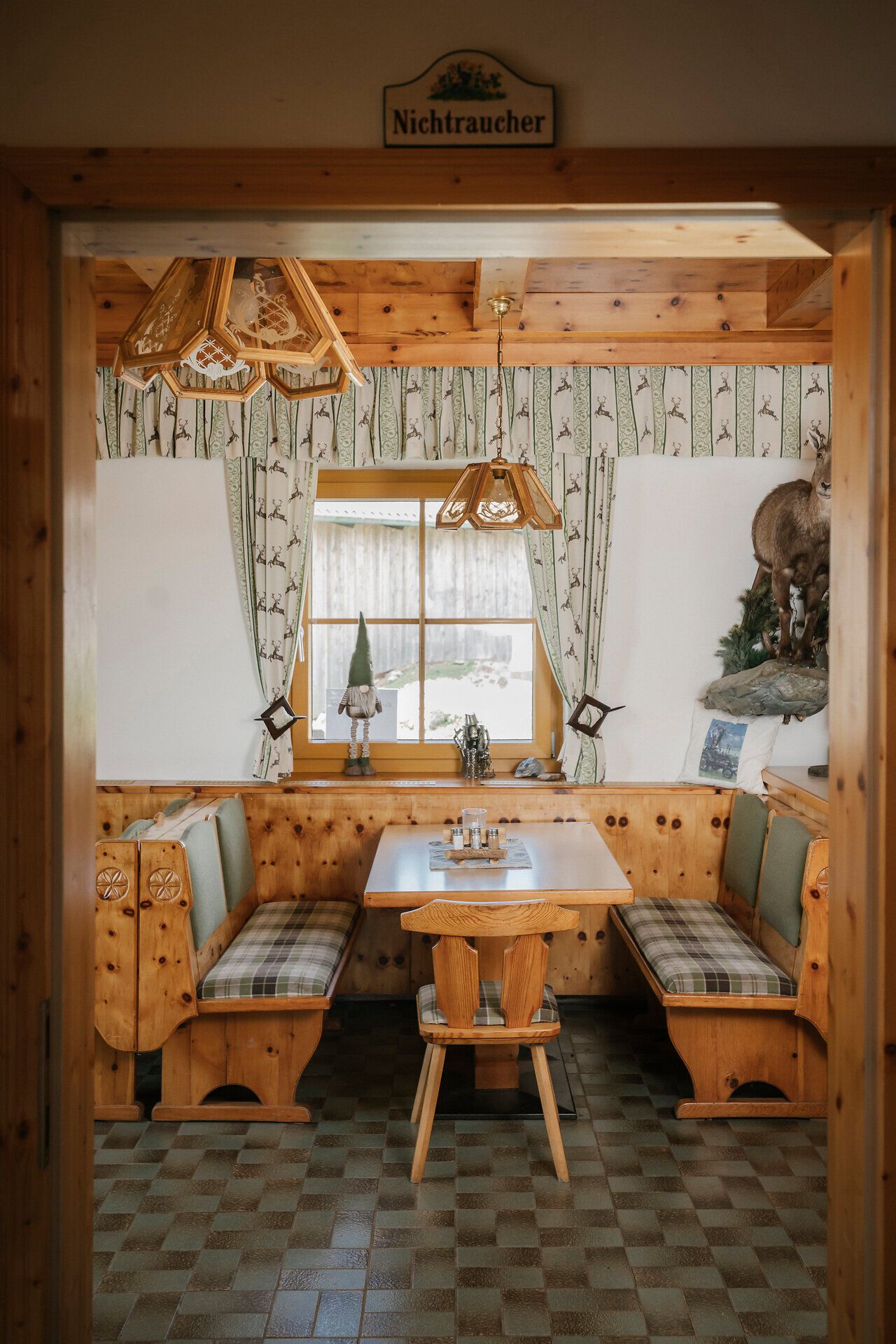 Rustic seating area with a "No Smoking" sign at the Almreserlhaus on Schneeberg