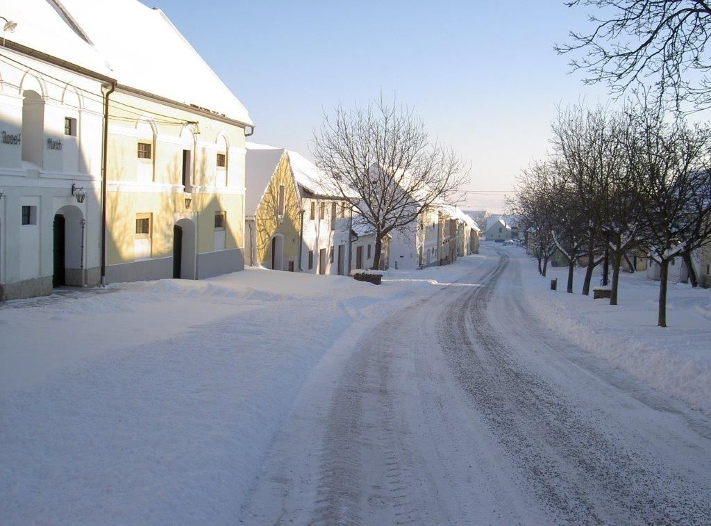 Snow-covered street with historic buildings and trees in Straning, Austria.