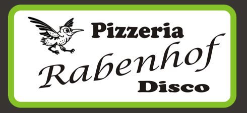 Logo of Pizzeria Rabenhof with a bird and green border.