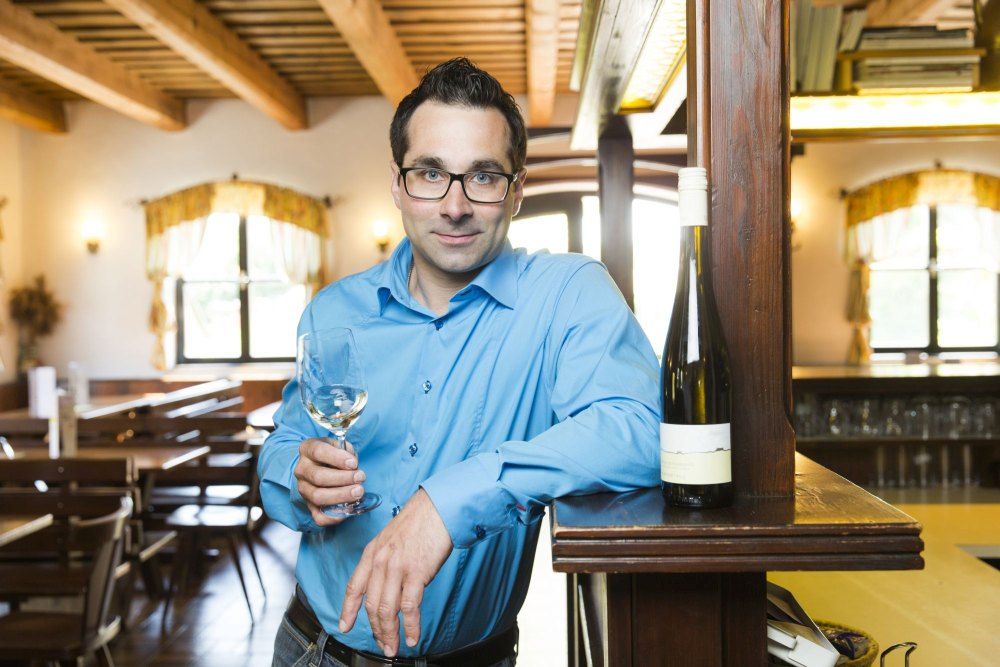 Man in a blue shirt with a wine glass in a rustic restaurant.