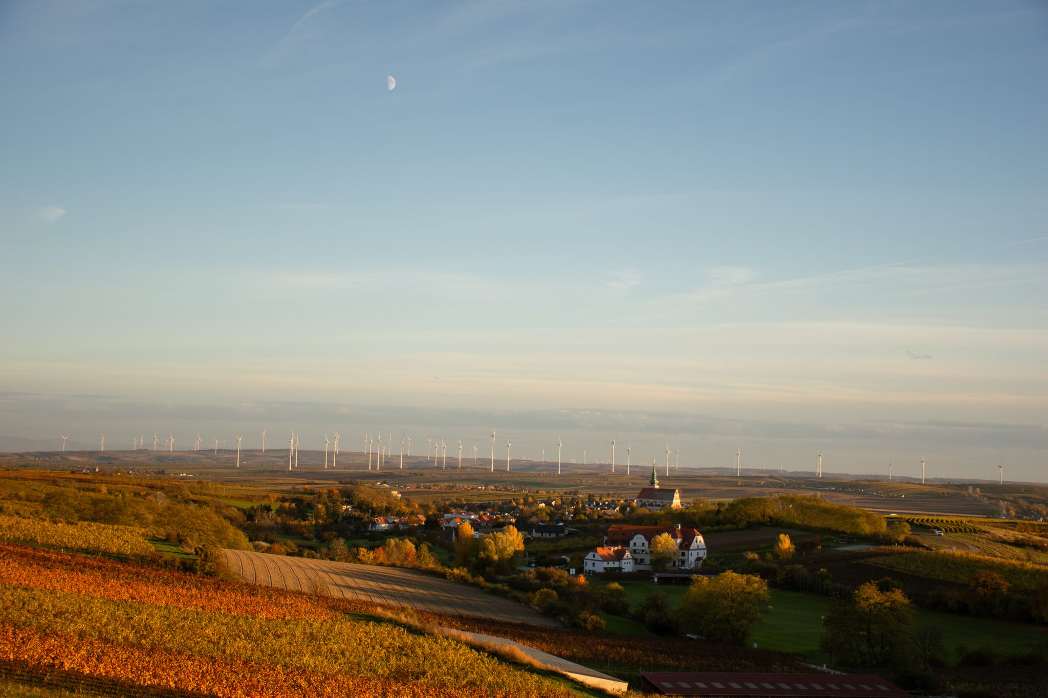 Landscape with wind turbines and village in the foreground at sunset.
