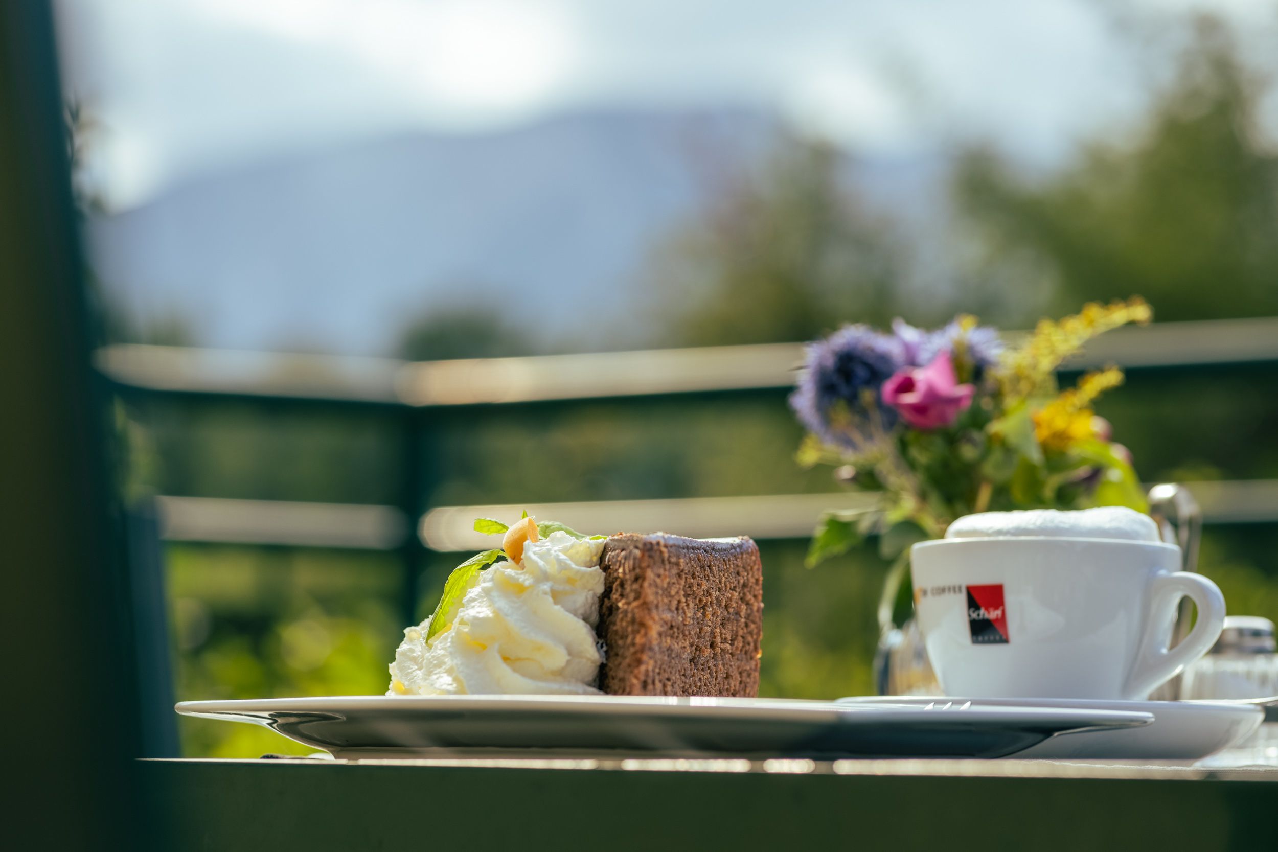 A slice of cake with cream and a cup of coffee on an outdoor table, with blurred mountains in the background.